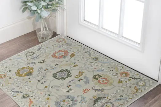 2' X 3' Gray Ivory and Gold Wool Floral Hand Knotted Area Rug With Fringe