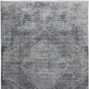 9' X 13' Gray and Silver Abstract Power Loom Worn Faded Area Rug