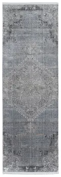8' Gray and Silver Abstract Power Loom Worn Faded Runner Rug