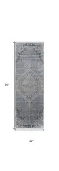 8' Gray and Silver Abstract Power Loom Worn Faded Runner Rug