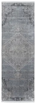 12' Gray and Silver Abstract Power Loom Worn Faded Runner Rug