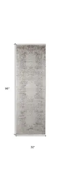 8' Gray and Ivory Oriental Power Loom Worn Faded Runner Rug