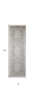 12' Gray and Ivory Oriental Power Loom Worn Faded Runner Rug
