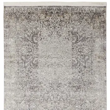12' Gray and Ivory Oriental Power Loom Worn Faded Runner Rug