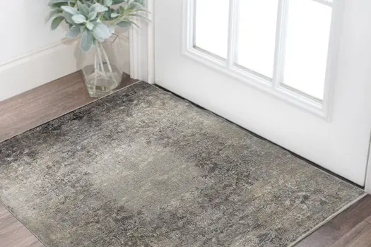 2' X 3' Tan and Gray Oriental Power Loom Worn Faded Area Rug