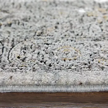 4' X 5' Gray and Silver Damask Power Loom Worn Faded Area Rug