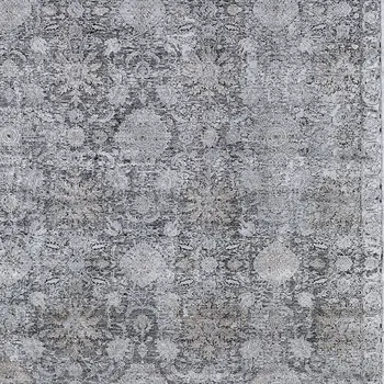 4' X 5' Gray and Silver Damask Power Loom Worn Faded Area Rug