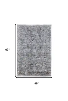 4' X 5' Gray and Silver Damask Power Loom Worn Faded Area Rug