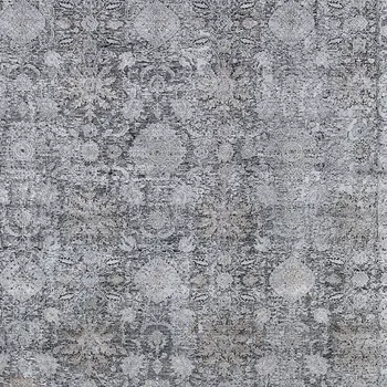 5' X 7' Gray and Silver Damask Power Loom Worn Faded Area Rug