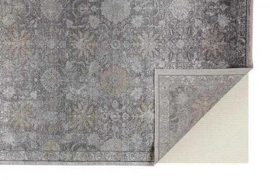 7' X 10' Gray and Silver Damask Power Loom Worn Faded Area Rug