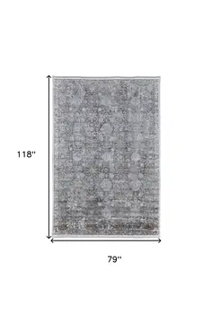7' X 10' Gray and Silver Damask Power Loom Worn Faded Area Rug