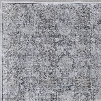 8' X 10' Gray and Silver Damask Power Loom Worn Faded Area Rug