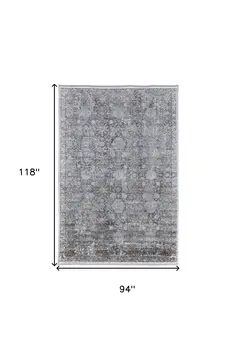 8' X 10' Gray and Silver Damask Power Loom Worn Faded Area Rug