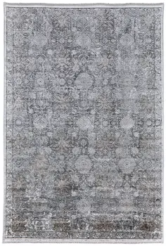8' X 10' Gray and Silver Damask Power Loom Worn Faded Area Rug