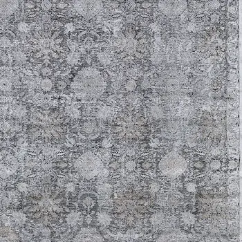 9' X 13' Gray and Silver Damask Power Loom Worn Faded Area Rug