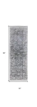 8' Gray and Silver Damask Power Loom Worn Faded Runner Rug