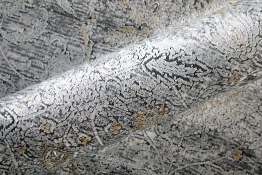 8' Gray and Silver Damask Power Loom Worn Faded Runner Rug
