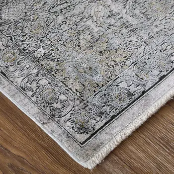 8' Gray and Silver Damask Power Loom Worn Faded Runner Rug