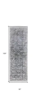 8' Gray and Silver Damask Power Loom Worn Faded Runner Rug