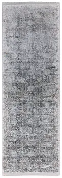 8' Gray and Silver Damask Power Loom Worn Faded Runner Rug