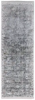 8' Gray and Silver Damask Power Loom Worn Faded Runner Rug