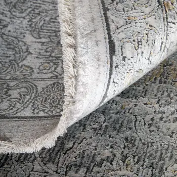 12' X 15' Gray and Silver Damask Power Loom Worn Faded Area Rug
