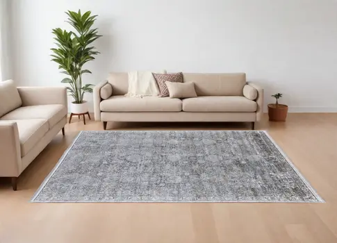 12' X 15' Gray and Silver Damask Power Loom Worn Faded Area Rug