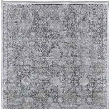 12' X 15' Gray and Silver Damask Power Loom Worn Faded Area Rug