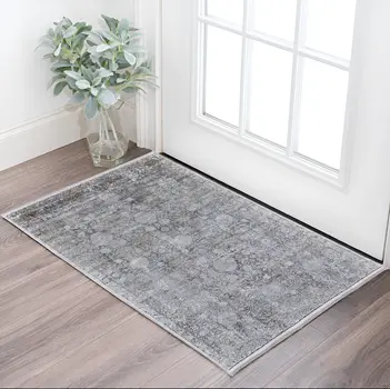 2' X 3' Gray and Silver Damask Power Loom Worn Faded Area Rug