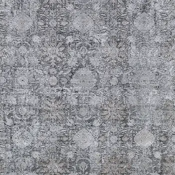 2' X 3' Gray and Silver Damask Power Loom Worn Faded Area Rug