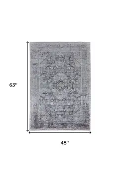 4' X 5' Gray and Silver Oriental Power Loom Worn Faded Area Rug