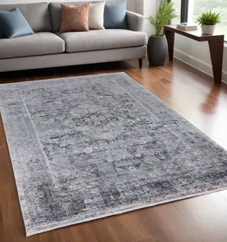 5' X 7' Gray and Silver Oriental Power Loom Worn Faded Area Rug