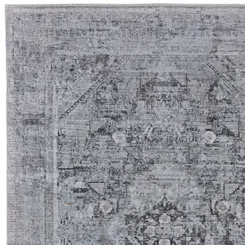 7' X 10' Gray and Silver Oriental Power Loom Worn Faded Area Rug