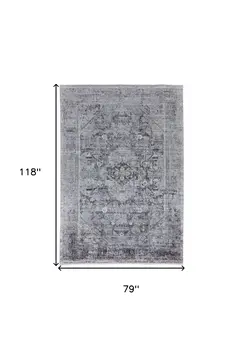 7' X 10' Gray and Silver Oriental Power Loom Worn Faded Area Rug