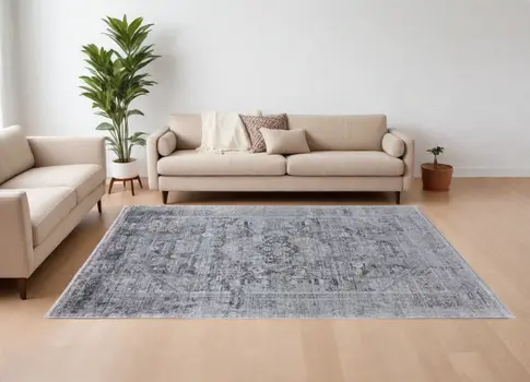 8' X 10' Gray and Silver Oriental Power Loom Worn Faded Area Rug