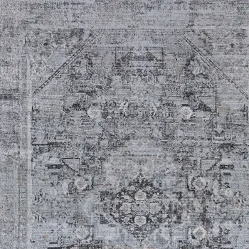 9' X 13' Gray and Silver Oriental Power Loom Worn Faded Area Rug