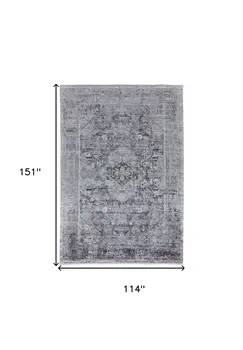9' X 13' Gray and Silver Oriental Power Loom Worn Faded Area Rug