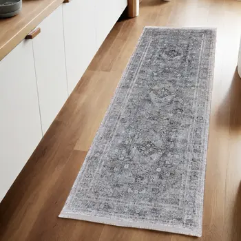 8' Gray and Silver Oriental Power Loom Worn Faded Runner Rug