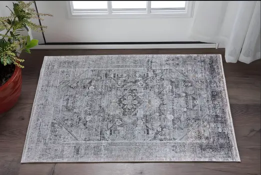 2' X 3' Gray and Silver Oriental Power Loom Worn Faded Area Rug