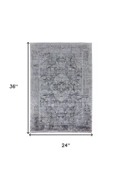 2' X 3' Gray and Silver Oriental Power Loom Worn Faded Area Rug