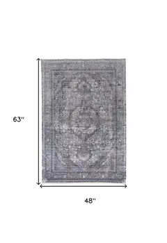 4' X 5' Gray and Silver Oriental Power Loom Worn Faded Area Rug
