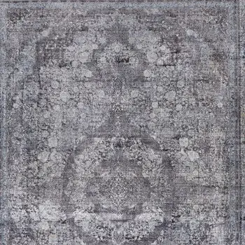 5' X 7' Gray and Silver Oriental Power Loom Worn Faded Area Rug