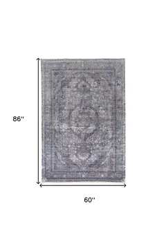 5' X 7' Gray and Silver Oriental Power Loom Worn Faded Area Rug