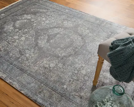 8' X 10' Gray and Silver Oriental Power Loom Worn Faded Area Rug
