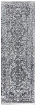 8' Gray and Silver Oriental Power Loom Worn Faded Runner Rug