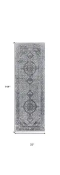 12' Gray and Silver Oriental Power Loom Worn Faded Runner Rug