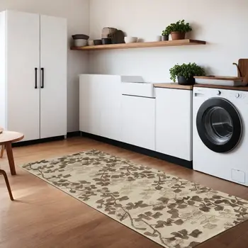 8' Taupe and Brown Floral Hand Tufted Runner Rug