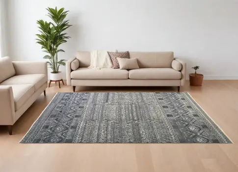 6' X 9' Gray Ivory and Blue Geometric Hand Knotted Area Rug