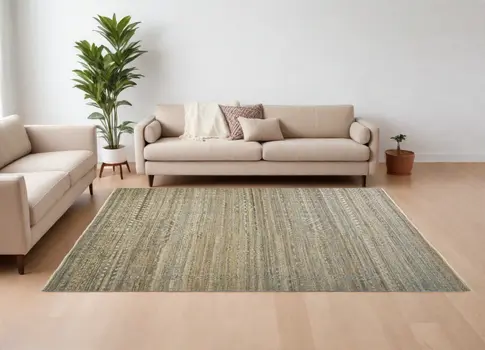 8' X 10' Gold and Tan Geometric Hand Knotted Worn Faded Area Rug