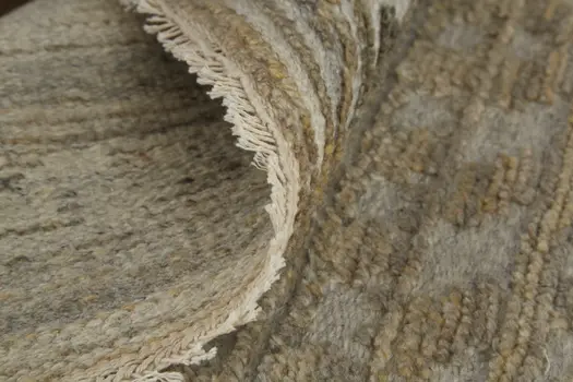 8' Gold and Tan Geometric Hand Knotted Worn Faded Runner Rug